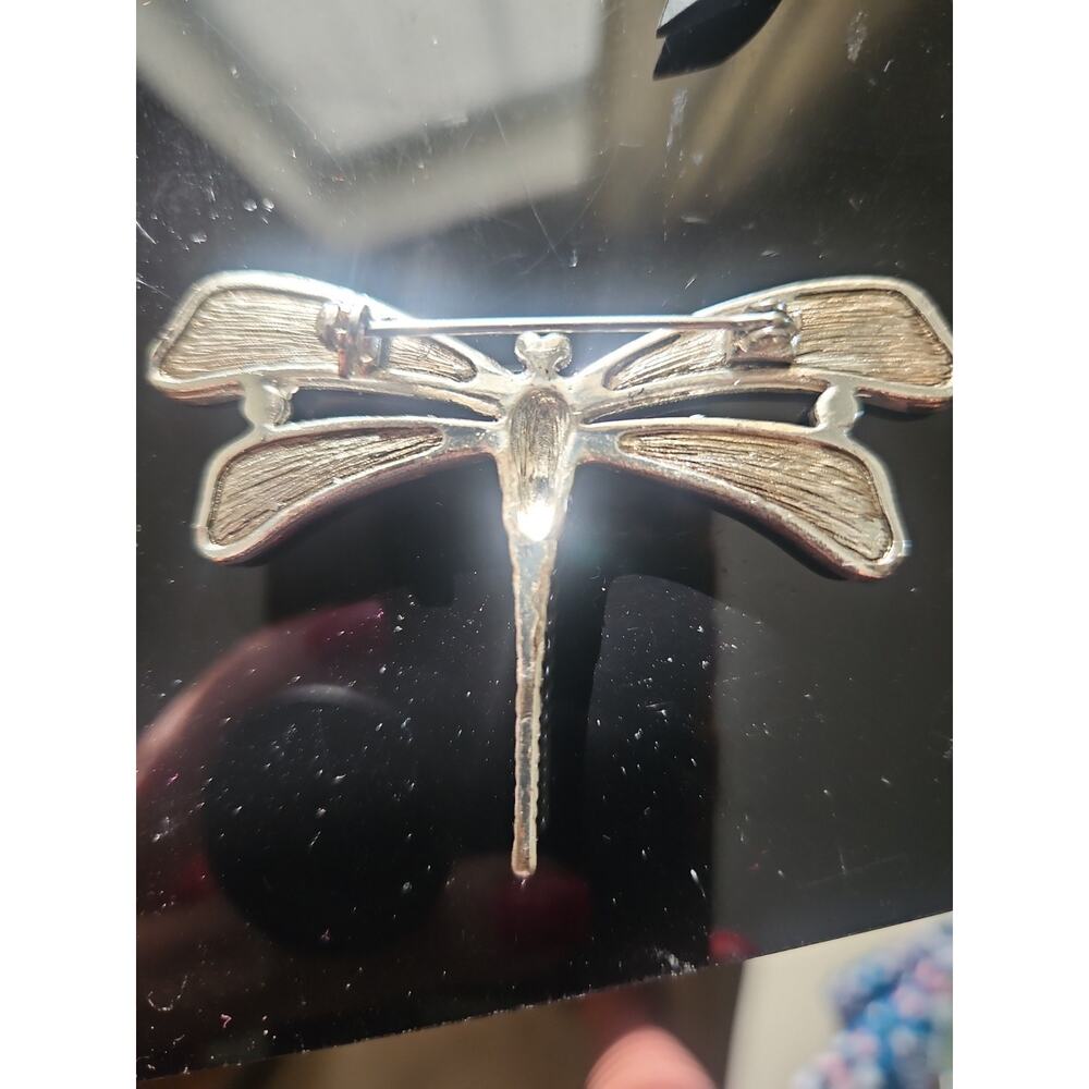 Vtg Dragonfly Insect Brooch Pin Silver Tone w/ Abalone & Crystal Details - Picture 2 of 2